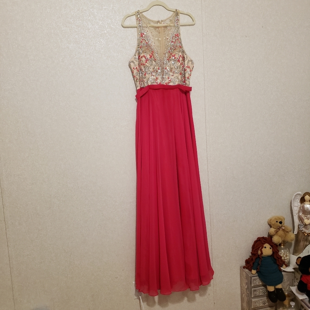 PROM  FUCHSIA-BEIGE RHINESTONE DRESS SIZE :XL